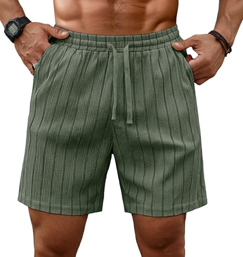 Sailwind Mens Striped Casual 7" Shorts Summer Beach Elastic Waist Drawstring Shorts with Pockets Army Green by Sailwind - Used condition - US$7.51