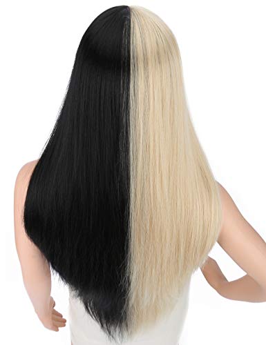 Sotica 28" Cosplay Wigs for Women Half Blonde and Half Black Color Middle Parted Long Silky Smooth Straight High Temperature Synthetic Full Hair Wigs - Thumbnail 2