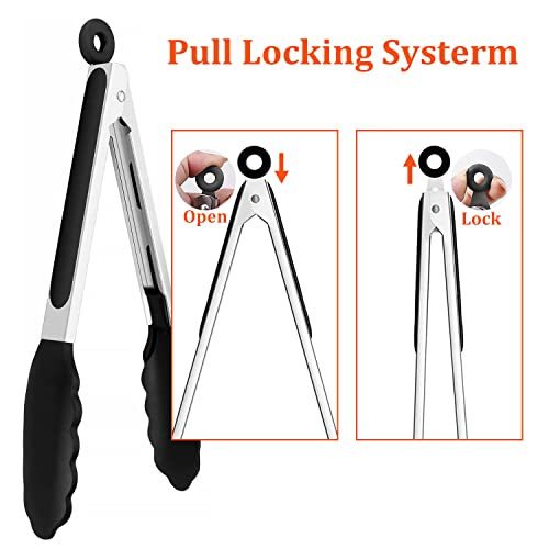 HENSHOW Kitchen Tongs Set of 3, 7, 9 and 12 inches, Premium Stainless Steel Silicone Kitchen Tongs, Non-Stick and Heat Resistant Handle Grill Tongs for Barbecue, Buffet, Salad