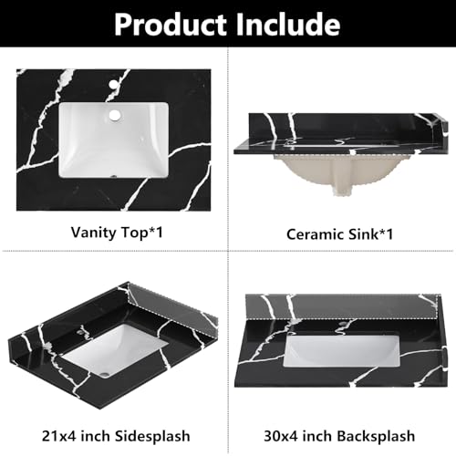 EQLOO 30 in. W x 22 in D Quartz Vanity Top in Black Marquina,with One Sidesplash & One Backsplash, Vanity Sink Top with Assembled Single Drop-in Sink, Pre-Drilled Single Faucet Hole Countertop by EQLOO - Image 4