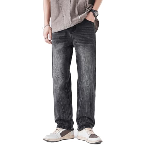 Men’s Straight Leg Black Washed Jeans Vintage Style Denim Pants with Subtle Scratch Fading for Streetwear