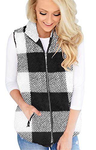 ONLYSHE Women's Casual Stand Collar Sherpa Fleece Vests Warm Fuzzy Plaid Print Zip Up Coats