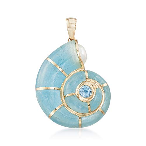 Ross-Simons Milky Aquamarine, 6.5-7mm Cultured Pearl and .30 Carat Sky Blue Topaz Snail Shell Pendant in 14kt Yellow Gold