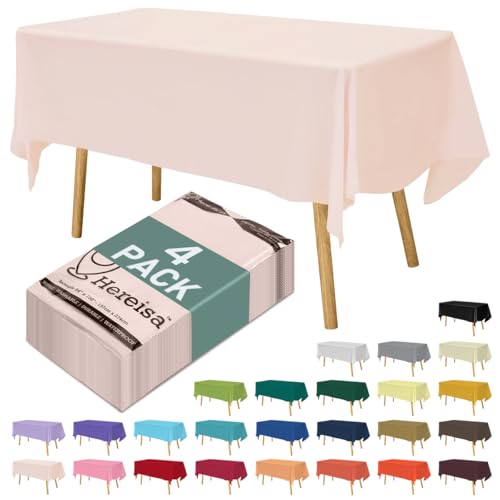 Hereisa Disposable Plastic Tablecloth 54x108 Inch Rectangle - Blush Pink, 4 Pack Waterproof & Tear-Resistant Party Table Cover for Dining, Picnic, Crafts, Holiday Decor