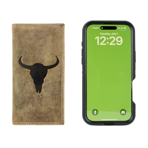 American Bison Men’s Rodeo Wallet – Embossed Bison Skull Leather Bi-Fold, 12 Card Slots, ID Window, 4 Bill Compartments, Pen Holder – Wooden Gift Box (Brown)3