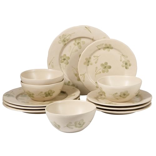 Bloomhouse - 2 Time Oprahs Favorite Things - Made in Portugal Hand Painted Dinnerware Set - Porto Petals 12 Piece (Service for 4) Floral Plates and Bowls Set - Green Orchid