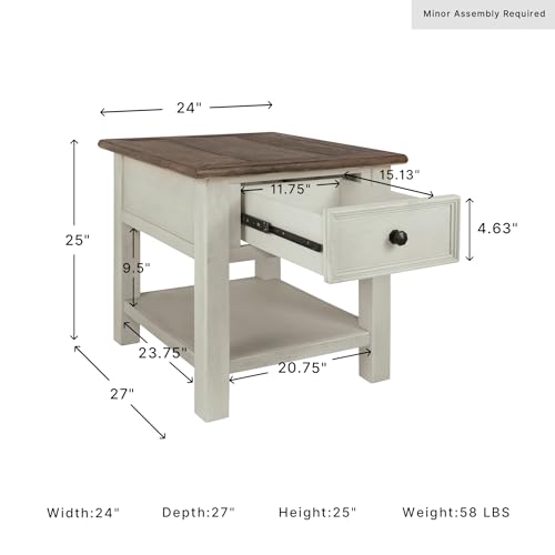 Image of Signature Design by Ashley Bolanburg End Table for Living Room, Two-Tone Distressed Wood Side Table with Smooth-Gliding Drawer, Farmhouse Plank-Style Top, Ideal Night Stand Use, Antique White /Oak