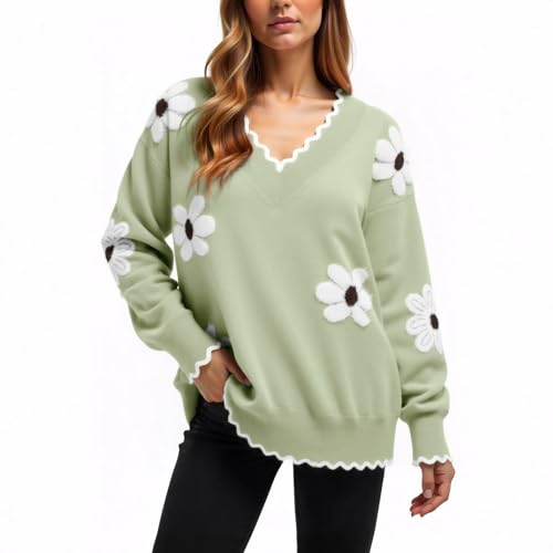 Womens Fall Wave Collar Sweaters, Casual Long Sleeve Pullover V Neck Lightweight Crochet Chunky Knit Pullover Jumper Tops (US, Alpha, Large, Regular, Regular, Green)