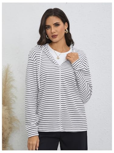 MakeMeChic Women's Striped Drawstring Full Zip Jacket Hooded Drop Shoulder Jackets3