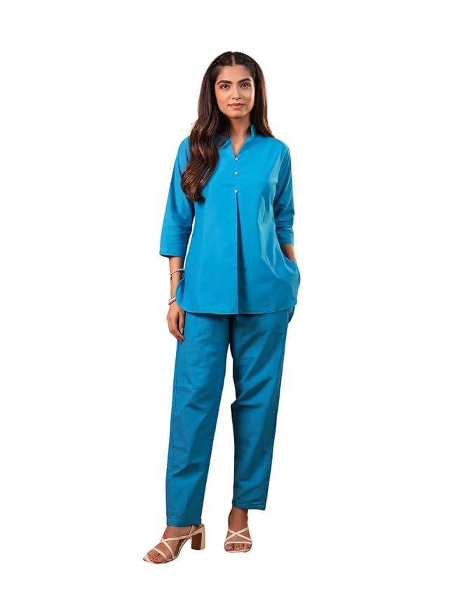 Rangrika.in Solid 3 Button Co Ord Set for Women Straight Fit Top and Pant Set Minimal Stylish Outfit for Office Wear Casual Daily Wear Comfortable Fashion (Blue-L)-picture-47