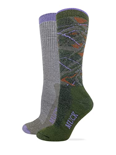 MUCK Boot Ladies Merino Wool Blend Knee High Camo Boot Socks 2 Pair Pack (Medium, Olive/Lilac)