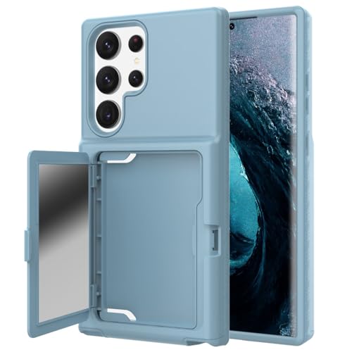 Coque Samsung S23 Ultra antichoc double couche bleu clair avec miroir caché et porte-cartes