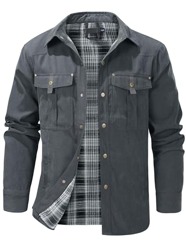 Mens Flannel Lined Lightwight Casual Snaps Plaid Shacket Shirt Jacket with Pockets