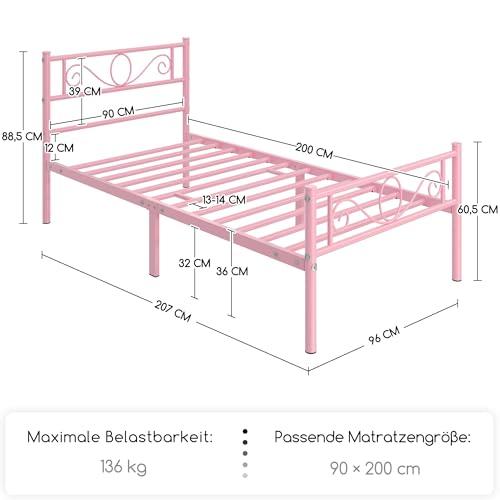 Yaheetech Bettrahmen 90 x 200 cm Metallbett mit Lattenrost Einzelbett Gästebett Jugendbett mit Kopfteil für Schlafzimmer Gästezimmer Hellrosa