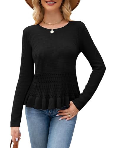 Womens Long Sleeve Cropped Crochet Sweaters Boho Knit Peplum Ruffle Hem Cute Pullover Tops 2025 Fall Outfits S-XL