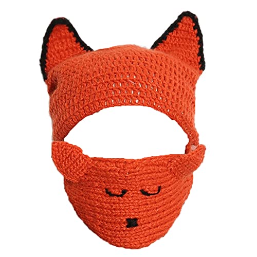 BIBITIME Fox Ear Hat Beanie with Knitted Mouth Cover Set Women Handmade Warm Cap (One Size for Adult, Orange)