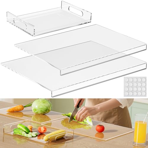 HELPLEX Acrylic Cutting Board with Counter Lip – Set of 3 Clear Non-Slip Chopping Boards and Cutting Boards for Kitchen Countertop, 17.5x13.5 & 16x12 + 8x12 Tray, Gift for Home Cooks