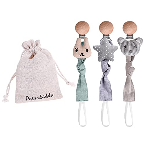 PAPERKIDDO 3PCS Schnullerkette Schnullerband Mädchen und Junge aus Bauhmwoll-Musselin mit Nickel-freie Metalclips 22cm für Lätzchen Dreieckstuch Sauger Scnuller (Bär + Hase + Stern) Cover