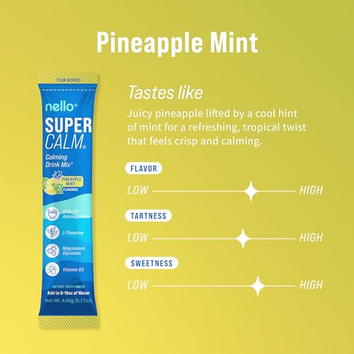 Image of Nello Supercalm Powdered Drink Mix, Cortisol Reducer* and Sleep Aid Supplement, L Theanine, Ksm-66 Ashwagandha, Magnesium Glycinate, Vitamin D 3, No Sugar, Non GMO, On The Go, 20 Ct, Pineapple Mint