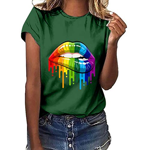 riou Camisetas de Mujer Manga Corta Elegantes Verano Fiesta Sexy Camisetas Labios Impresión Blusa Cuello Redondo Basica Camisa Suelto Casual Verano T Shirt Originales tee