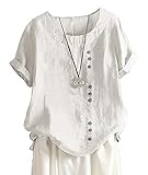 Women Cotton Linen Crew Neck Short Sleeve Tunic, Tee Shirts Tops Loose Fit, Linen Blouse for Women (as1, Alpha, one_Size, Regular, Regular, White, Large)