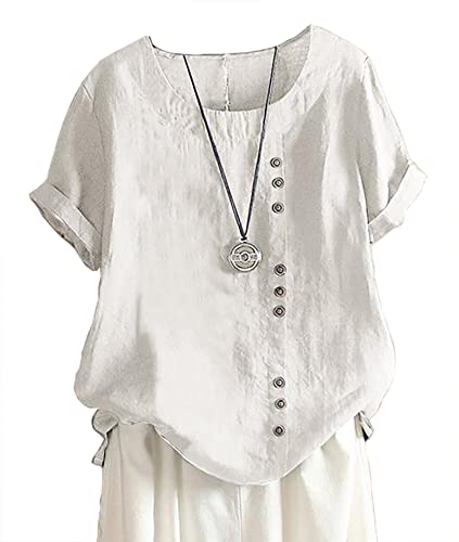 Women Cotton Linen Crew Neck Short Sleeve Tunic, Tee Shirts Tops Loose Fit, Linen Blouse for Women