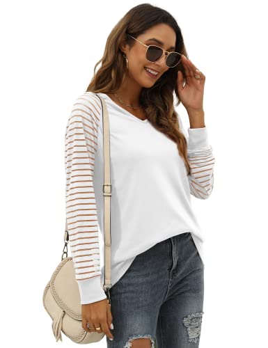 WEESO Womens Long Sleeve Tunic Tops Patchwork Sleeve Casual V Neck Loose Blouses Trendy 20233