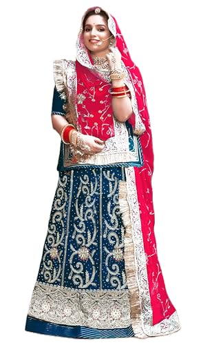 Image of Heavy Embroidery Work Semi Stitched Shimmer Silk Rajputi Poshak For Women Rajasthani Lehenga Choli