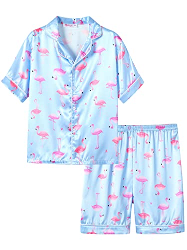 Topgal Cute Pink and Purple Flamingo Pajama Set for Girls Satin Silky Short Sleeve Button Down PJ Set Size 8
