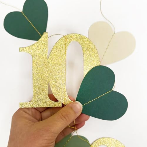 Image of Sage Green Gold 10th Birthday Decorations Sage Green Gold Heart Garland Streamer Banner Backdrop for Girls Happy 10th Birthday Double Digits I'm 10 Cheers to 10 Years Old Anniversary Party Supplies
