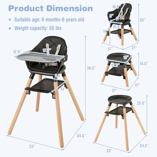 BABY JOY Baby High Chair, 6 in 1 Convertible Wooden High Chair for Babies & Toddlers with Adjustable Legs, Double Removable Tray, Safety Harness & Waterproof PU Cushion (Black)