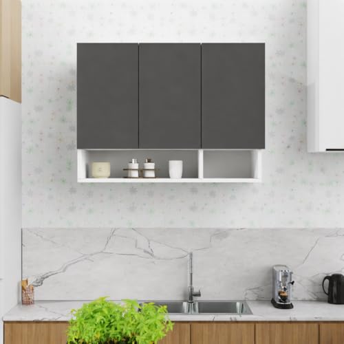 Image of 3 Door Multipurpose Wall Mounted Cabinet with Adjustable Shelf | Storage for Kitchen, Bathroom, Bedroom, Office & Living Room | Assembly-DIY | Color-White & Grey | Size-90x33x63.8 Cm