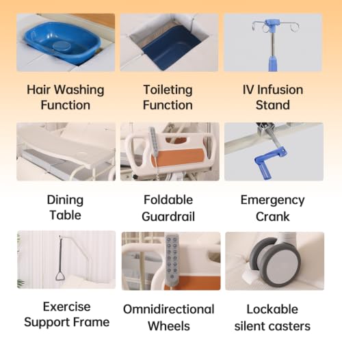 Image of Electric Hospital Beds for Home Use, Full Electric Adjustable Medical Bed with Height Adjustment 18 inch-25 inch, Auto Turning, Built-in Commode, IV Pole, Overbed Table, 3 inch Mattress, 550 LBS Capacity