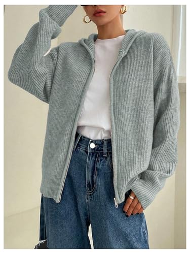Image of SOLY HUX Zip Up Cardigan for Women Hooded Cardigan Sweater Knitted Drop Shoulder Fall Clothes Winter Hoodies Outerwear