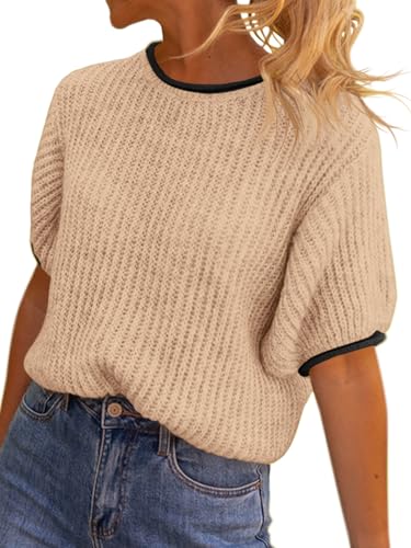 Saodimallsu Womens Puff Short Sleeve Sweater Tops Spring Summer Color Block Ribbed Knit Crew Neck Going Out Shirts