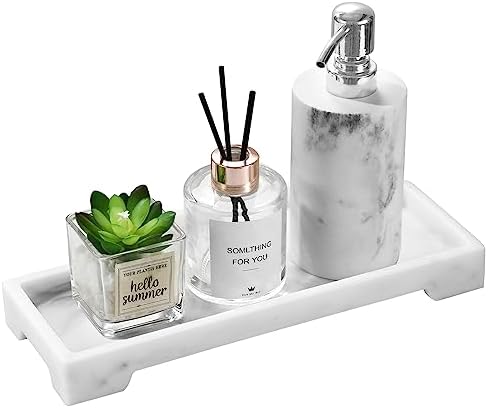 Luxspire Bathroom Tray, Resin Marble Pattern Tray, Vanity Organizer for Tissues, Candles, Soap, Towel, Plant, etc - White Marble