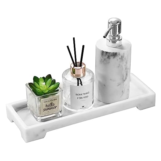 Luxspire Bathroom Vanity Tray, Resin Toilet Tank Tray, Kitchen Sink Trays, 11" x 4" Rectangle Bathroom Tray for Counter, Marble Tray for Soap Dispenser Perfume Jewelry, Small, White Marble