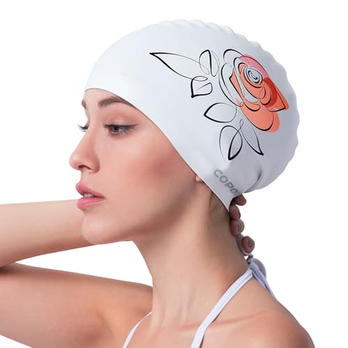 COPOZZ Women‘s Swim Cap for All Hair - Large, Comfortable Silicone Swimming Cap, Waterproof Design for Long, Short, Thick & Curly Hair | Secure & Comfortable Fit (Rose-12yrs+)