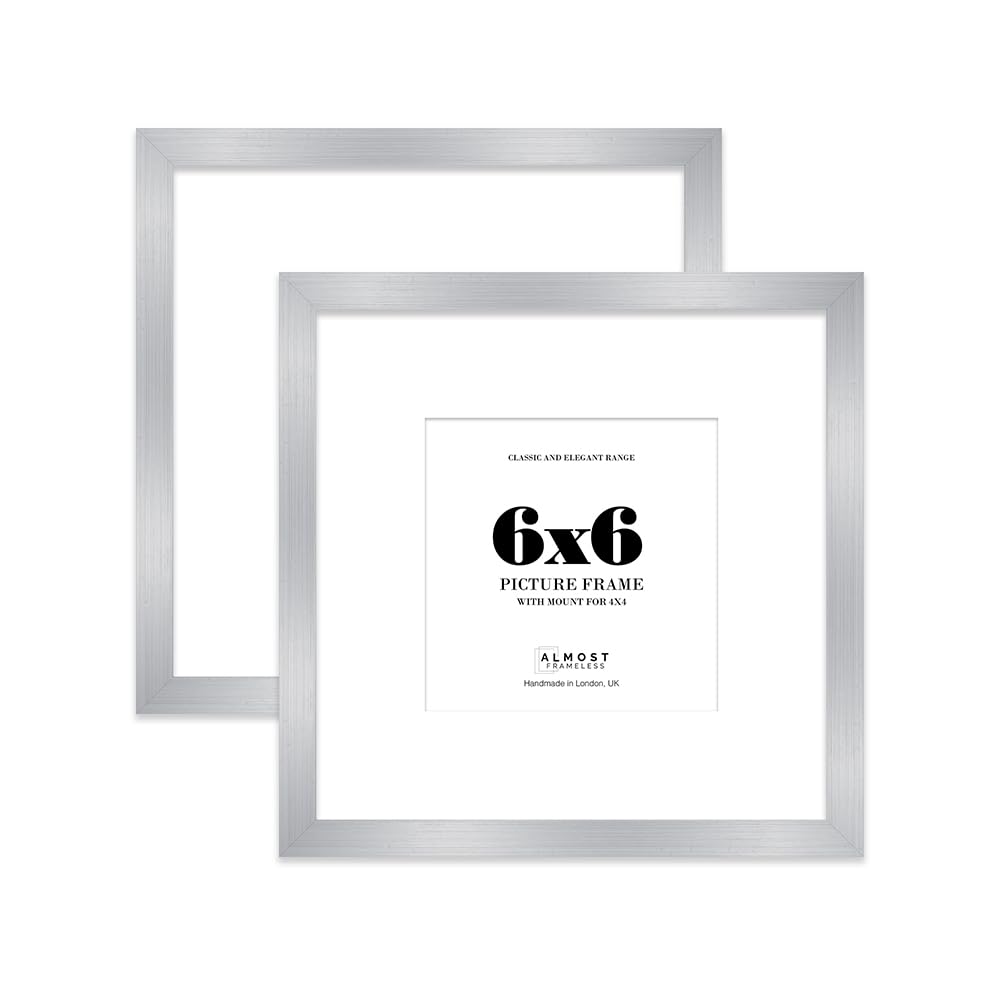6x6 Silver Picture Frame with Mount for 4x4 Photos, Prints - Modern Square Wall Frame, Set of 2