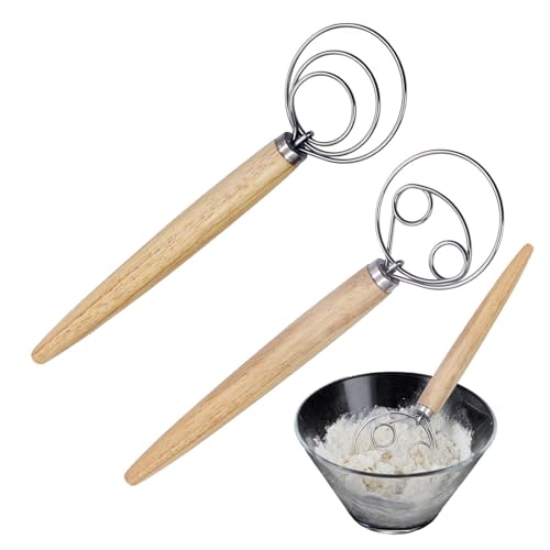Batidor para amasar – 2 x Amasadora con mango de madera, acero inoxidable manual con mango | Herramientas para el pan, batidora de cocina para los amantes de la pastelería, amasadora Pe