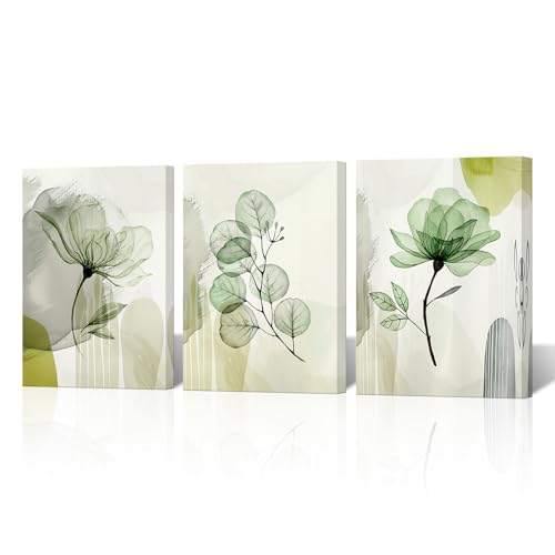 Image of NutArtPic Flower Canvas Wall Art Sage Green Floral Pictures Minimalist Wildflower Painting Prints for Home Decor 12''x16''x3pcs