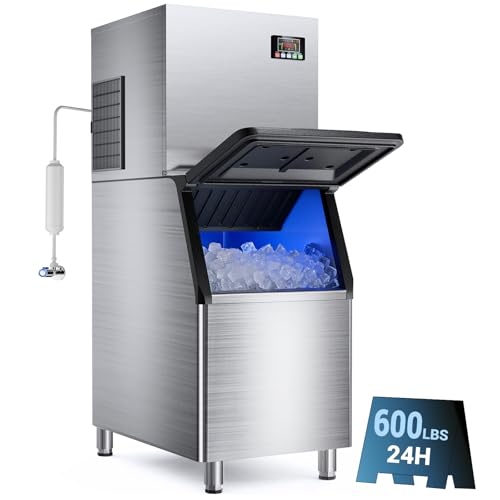 600LBS/24H Commercial Ice Machine Maker, 420LBS Capacity Large Industrial Ice Maker, Clear Ice Cubes Ready in 5-15min, Micron Water Purification Filter 99% impurities, for Cafe, Bar