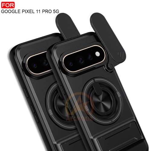 Image of Google Pixel 11 Pro Back Cover | Armor Camera Slider 360 Degree Rotating Finger Ring Holder Case with Bracket Stand Back Case Cover (Compatible with MagSafe Accessories) (Black)