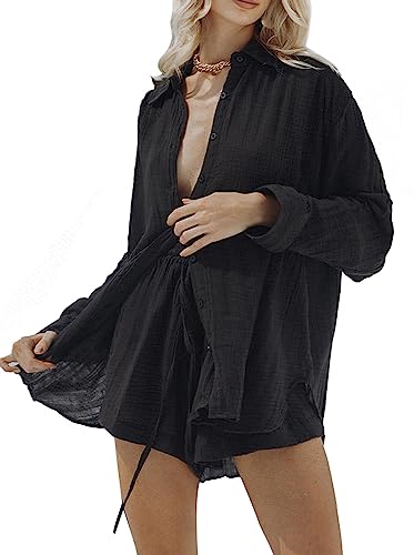 Image of Fixmatti Women 2 Piece Outfits Long Sleeve Button Down Blouse and Shorts Sweatsuit Sets