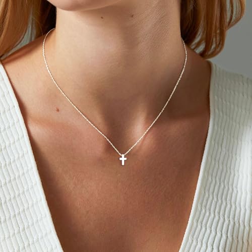 HANLI Kette Silber 925 Damen - Zarte Kleines Kreuz Kette Kreuzkette Religiösen Anhänger mit für Frauen Mädchen Wasserfeste Hautverträglich Schmuck