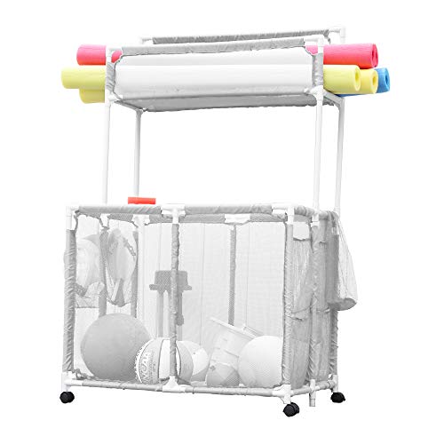 Essentially Yours Pool Storage Equipment Organizer Holder - Noodles, Toys, Balls And Floats Mesh Rolling Double Decker Bin, Large With Noodle Holder, (35.3" W X 23" L X 59.4" H), White Style 561935 #TOP24