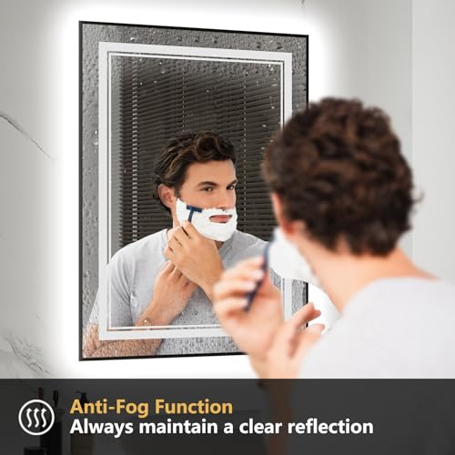 Image of LED Bathroom Mirror with Front and Backlit 24 inchx36 inch, Black Frame, Wall Mounted, Dual LED Strips, Fogless, Dimmable, 3 Color Changing, Shatterproof, Horizontal /Vertical