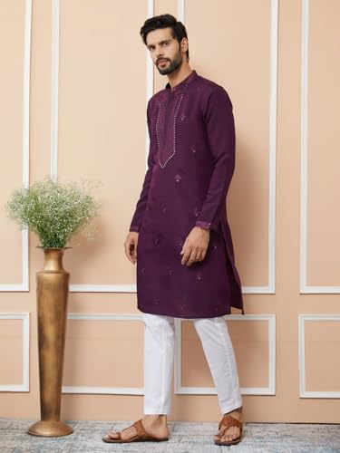 Image of See Designs Men's Long Sleeve Mandarin Collar Side Slit Off-White Embroidered Chanderi Silk Straight Kurta