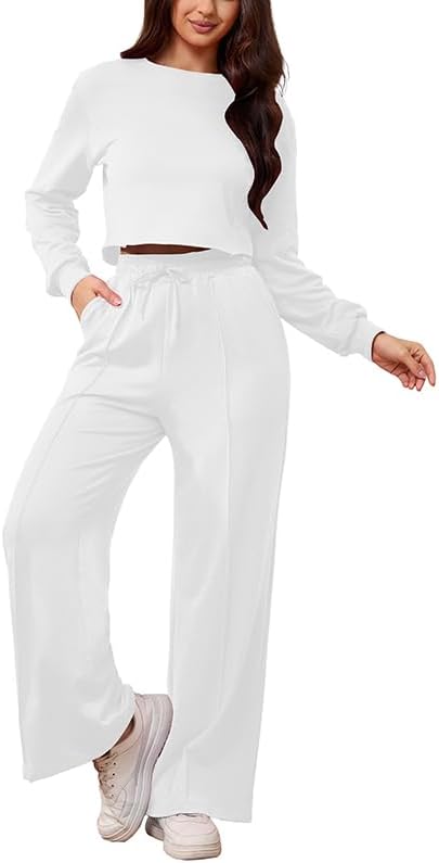 PINSV Women's 2 Piece Outfits Sweatsuit Set Long Sleeve Crop Top Drawstring Wide Leg Pants with Pockets Tracksuits Casual Set - Image 4