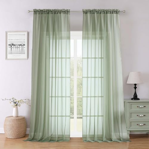 Lecloud Sage Green Sheer Curtains 96 Inches Long 2 Panels,